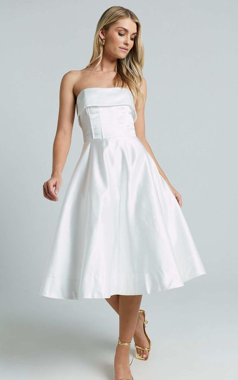 Romilly Midi Dress - Strapless Fit & Flare in Ivory | Showpo USA Dreamy Dress, Fit & Flare, Strapless Dress, Midi Dress, Dresses