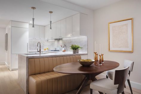 Seating In Kitchen, Upholstered Banquette, Kitchen Peninsula, Built In Banquette, Dining Banquette, Kitchen Banquette, Dining Design, U Shaped Kitchen, Built In Seating