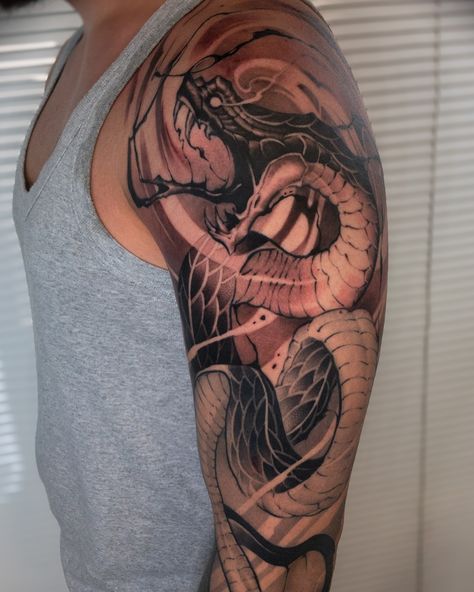 🐍✨ From Pinterest to skin art! Our latest project involved transforming a Japanese-style snake design for a 23-year-old programmer who loves all things Japanese. We took his idea, added our unique twist, and voila! After 2.5 sessions, the tattoo healed beautifully. 🎉 👨‍💻 Looking for something uniquely you? DM us to book your spot! 📍 Located in Plovdiv. Let’s ink your passions! #JapaneseTattoo #SnakeTattoo #PlovdivInk #ProgrammerTattoo #CustomInk Gothic Snake Tattoo, Japan Snake Tattoo, Japanese Snake Tattoo Design, Snake Japanese Tattoo, Japanese Snake Tattoo, Porcelain Pens, Cobra Tattoo, Tattoo Snake, Japanese Dragon Tattoos