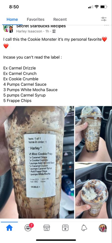 Cookie Monster Starbucks Drink, Carmel Syrup, Starbucks Secret Menu Recipes, Menu Recipes, Starbucks Secret, Starbucks Drink, White Mocha, Starbucks Secret Menu, Starbucks Drinks Recipes