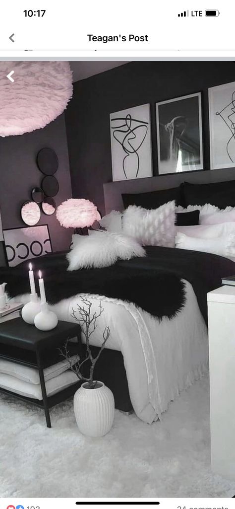 Cozy Pillows Bed, Black And White Bedroom, Zimmer Diy, Classy Rooms, Gold Bedroom Decor, Feminine Bedroom, Bedroom Decor For Couples, Guest Bedroom Decor, Rooms Ideas