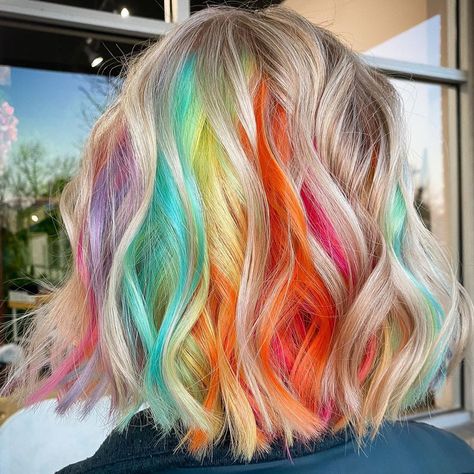 Rainbow Underneath Hair, Fairytale Scenery, Rainbow Hair Highlights, Peak A Boo Hair, Short Rainbow Hair, Hair Lob, Hidden Rainbow Hair, Exotic Hair Color, Highlights Summer