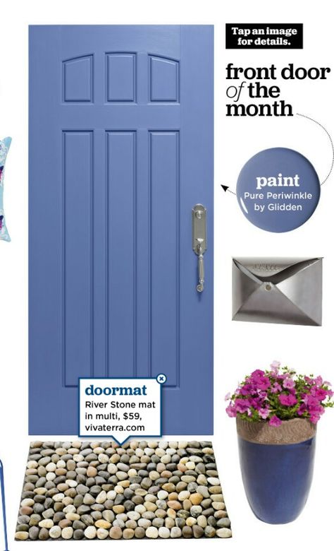 Periwinkle Front Door Colors, Periwinkle House Exterior Paint Colors, Periwinkle Exterior House Colors, Periwinkle Front Door, Blue House Purple Front Door, Periwinkle Door Color, Grey House White Trim, Periwinkle Door, Cottage Style Doors