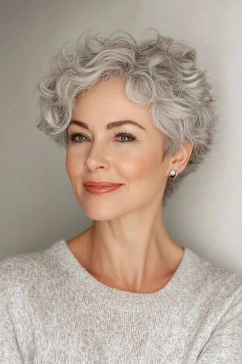 Short Curly Silver Hair Over 50, Pixie Wavy Hairstyles For Women, Short Curly Grey Hairstyles For Women, Curly Pixie Haircuts Over 50, How To Style A Curly Pixie, Very Short Hair Styles Easy, Pixie Permed Hair, Naturally Curly Pixie Haircut, Short Curly Gray Hair Over 50 Curls