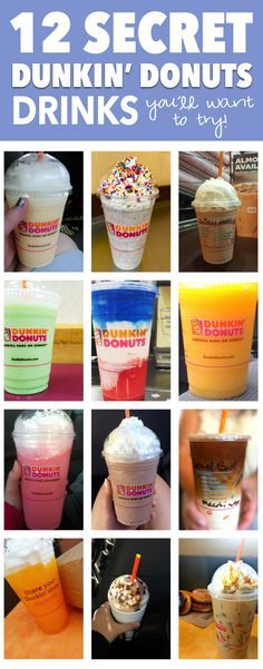 These all look so delicious! I need to try these! Dunkin Donuts Iced Coffee Order, Best Dunkin Donuts Drinks, Dunkin Donuts Menu, Dunkin Donuts Coffee Drinks, Duncan Donuts, Resep Starbuck, Dunkin Donuts Iced Coffee, Secret Menu Items, Starbucks Secret Menu Drinks