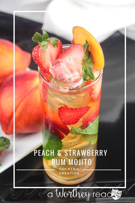 Mojitos are a popular drink to sip on all year long. However, in the summer when peaches and strawberries are in-season, this is a great time to mix a little rum, peaches and strawberries to put a twist on your classic mojito. Introducing our summer mojito cocktail, the Peach & Strawberry Rum Mojito. Strawberry Rum Drinks, Strawberry Mojito Pitcher, Summer Mojito, Mojito Pitcher, Classic Mojito, Peach Strawberry, Strawberry Mojito, Peach Lemonade, Mojito Cocktail