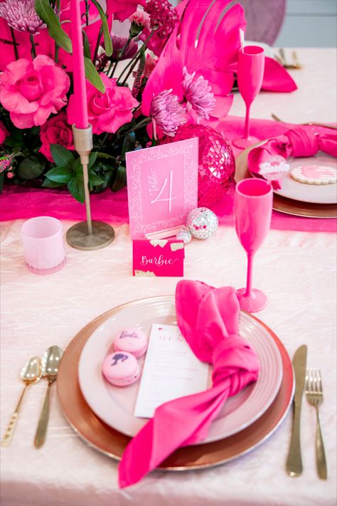 Pink wedding table decor. Inquire today for your custom acyrlic table numbers by Toast to ink! Bridal Shower Set Up Pink, Hot Pink Table Runner, Hot Pink Table Decor, Barbie Wedding Theme, Shades Of Pink Party, Hot Pink Wedding Theme, Pink Wedding Table Decor, Pink Wedding Table, Pink Christmas Table