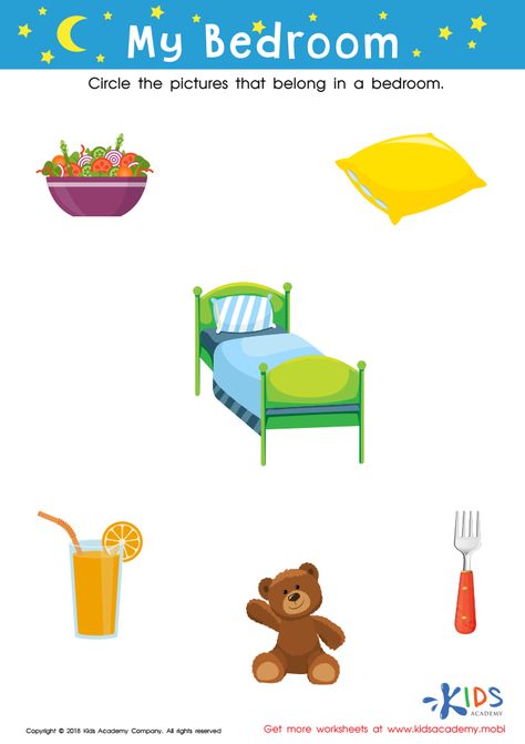 Ask your kids if they can name some of the items pictured in this worksheet. Then, instruct them to circle the pictures that belong in a bedroom. Make Your Bed Book, Bedroom Worksheet, Sorting Worksheet, Social Studies Communities, Preschool Social Studies, Worksheet For Kindergarten, The Fireman, Fine Motor Activities For Kids, Worksheets For Kindergarten