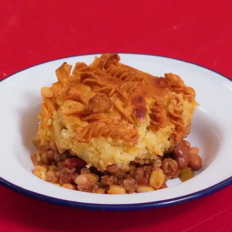 Fritos® Cowboy Cornbread Casserole | Tastemade Frito Casserole, Cowboy Cornbread Casserole, Cowboy Cornbread, Beans And Cornbread, Navy Beans, Cornbread Casserole, Cornbread Mix, Honey Bbq, Corn Bread Recipe