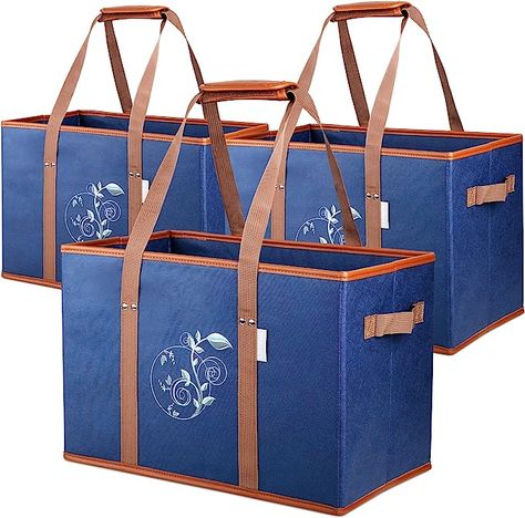 Liviable Reusable Grocery Shopping Bags, Foldable, Heavy Duty Tote, Box Bags with Long Handles and Solid Bottom, Large - Set of 3, Navy Blue Box Bags, Grocery Shopping Bags, Trunk Organization, Store Organization, Reusable Shopping Bags, Reusable Grocery Bags, Box Bag, Grocery Shop, Household Supplies