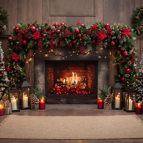 Houses Christmas Decorations, Red Brick House Christmas Decor, Cubicle Fireplace Christmas, Christmas Rose Arrangement, Christmas Decorations Photography, Modern Red Christmas Decor, Christmas Mantel Decorations With Tv, Christmas Decor Hotel, Fireplace Christmas Photoshoot