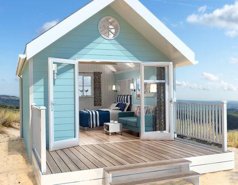 Beach Huts, beach chalets, beach living - Arch Leisure -Camping pods to chalets, toilet shower blocks, modular buildings and glamping Beach Hut Exterior Decor, Beach Cabin Ideas, Beach Cabana Ideas, Beach Hut Shed, Small Beach Cottage, Camping Pods, Caravan Vintage, Tiny Beach House, Glamping Pods