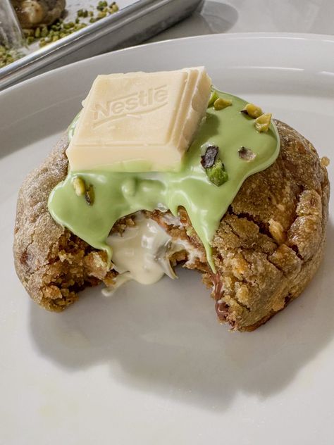 NYC Style Pistachio Cookie - madebycreme Spring Bakery Ideas, Big Stuffed Cookies, Stuffed Cookie Ideas, Cookie Photoshoot, Xl Cookies, Pistachio Spread, Pistachio Cookie, Pistachio White Chocolate, Big Cookies