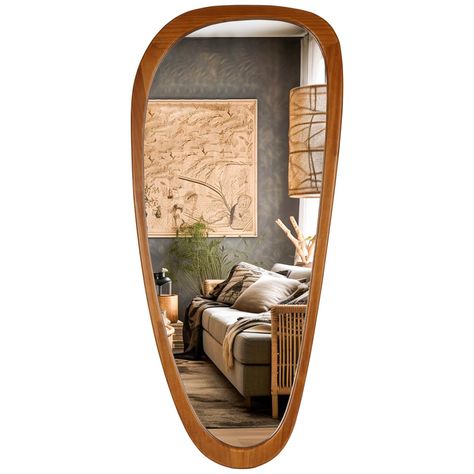 PRICES MAY VARY. 【IRREGULAR DESIGN】The irregular full length mirror is look like a art, to make the room of the house look more interesting. This asymmetrical abstract irregular-shaped mirror perfectly fits wall decor and artistic display for the living room, bedroom, bathroom, or hallway and entry wall. 【EXCELLENT QUALITY】Using high quality solid wood frame, HD reflection effect. The asymmetrical wall mirror made with a explosion-proof materials, such as accident damage, the mirror glass will n Mid Century Modern Narrow Hallway, Vertical Mirrors On Wall Living Room, Mirror And Bench Entryway, Full Length Mirror In Living Room, Western Boho Living Room, Irregular Shaped Mirror, Mid Century Modern Entryway, Mid Century Entryway, Foyer Mirror