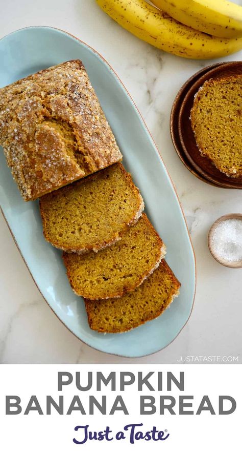 Don't toss that leftover pumpkin purée! Make the most of it (and overripe bananas) with this extra-moist Pumpkin Banana Bread recipe. justataste.com #pumpkinbread #bananabreadrecipe #pumpkinbananabread #pumpkinrecipes #justatasterecipes Recipe With Pumpkin Puree, Recipe With Pumpkin, Pumpkin Banana Bread Recipe, Pumpkin Spice Waffles, Pumpkin Banana Bread, Leftover Pumpkin, Pumpkin Chocolate Chip Muffins, Pumpkin Banana, Overripe Bananas