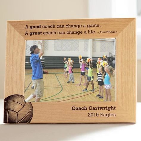 Shop & personalize now: Your favorite volleyball coach will love this custom engraved picture frame to remember a great season with his or her team. Makes a great thank you gift to recognize the coach's dedication and time to his team. Engraved Picture Frames, Desk Display, Personalized Picture Frames, Coaching Volleyball, Sports Coach, Picture Engraving, Wooden Photo Frames, Alder Wood, Coach Gifts