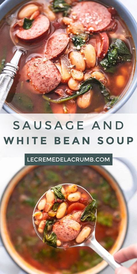 Sausage and White Bean Soup is an easy and deliciously filling combination of cannellini beans, onions, garlic, roasted tomatoes, kielbasa, and lots of Italian herbs and spices that bring it all together. | lecremedelacrumb.com #souprecipes #comfortfood #sausage #whitebean #easy #sidedish #maindish Keilbasa Recipes Soup White Beans, Apocalypse Recipes, Soup Recipes With Sausage, Sausage Kale White Bean Soup, Kale White Bean Soup, Sausage And White Bean Soup, Recipes With Sausage, Aldi Meals, Kale And Bean Soup