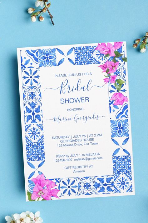 Blue Tiles Bougainvillea elegant bridal shower Invitation template instant download August Baby, Bella Bridal, Fiesta Wedding, Party Tables, Modern Bridal Shower, Prom 2024, Elegant Baby Shower, Elegant Bridal Shower, Pink Bridal Shower