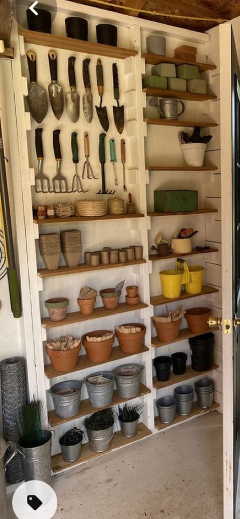 Garden Shed Inspiration, Garden Tool Shed Ideas, Potting Shelf Outdoor, Tool Shed Shelving Ideas, Homestead Storage, Small Potting Shed Interiors, Small Potting Shed Ideas, Potting Shed Storage, Diy Garden Storage Shed