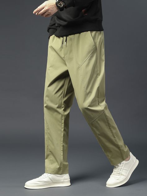 Army Green Casual   Polyester Plain Straight Leg Embellished Non-Stretch Spring/Summer/Fall Men Bottoms Mans Clothes, Korean Street Fashion Men, Man Pants, Drawstring Waist Pants, Mens Casual Dress Outfits, Men Stylish Dress, Guys Clothing Styles, Men Trousers, Men Pants