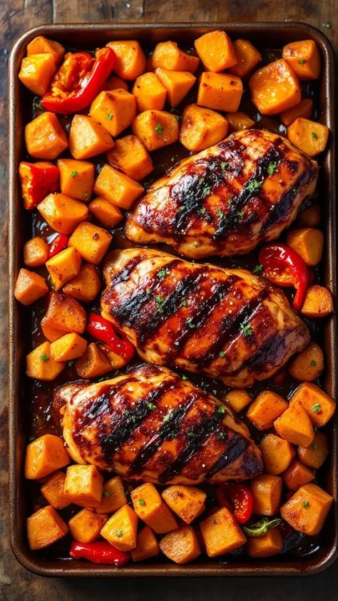 This BBQ chicken sheet pan meal is all about simplicity and flavor. The sweet potatoes and bell peppers roast perfectly alongside the juicy chicken, soaking up that tasty BBQ sauce. It's an easy, one-pan dinner that makes cleanup a breeze after a busy day! Potatoes And Bell Peppers, Chicken Sheet Pan, Sheet Pan Chicken, One Pan Dinner, Chicken Sweet Potato, Pan Chicken, Sheet Pan Recipes, Juicy Chicken, Busy Day