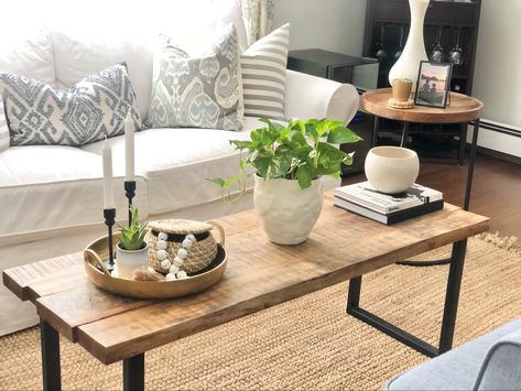 Living Room With Black Tables, Small Rectangle Coffee Table Decor, Black Tray Decor Coffee Tables, Candlesticks On Coffee Table, Style Rectangle Coffee Table, Coffee Table Arrangements Ideas, Rectangle Coffee Table Decor Living Room, Rectangular Coffee Table Decor, Homesense Decor