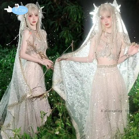 Halloween Cosplay Forest Elf Flower Play Costume for Women Clothes White Winged Dress Anime Stage Halloween Goddess Costume, Faerie Aesthetic Outfit, Nymph Outfits, Dark Angel Outfit, Dark Fae Costume, White Fantasy Dress, Angel Costume Aesthetic, Winter Fairy Costume, Tibetan Dance