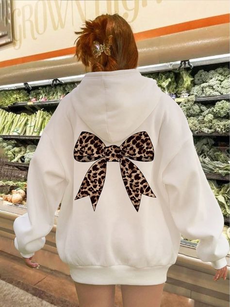 Casual Simple Leopard Print Bow Sweatshirt, White Long Sleeve Oversized Hoodie For Women, Thick Plush For Fall/Winter White Casual  Long Sleeve Knitted Fabric Geometric,Leopard Print,Textured Pattern Pullovers Slight Stretch  Women Clothing, size features are:Bust: ,Length: ,Sleeve Length: Hoodies Womens Fashion, Leopard Print Bow, Hoodie For Women, Sweatshirt White, Oversized Hoodie, Drawstring Hoodie, Inspiration Mode, Casual Hoodie, Oversize Hoodie