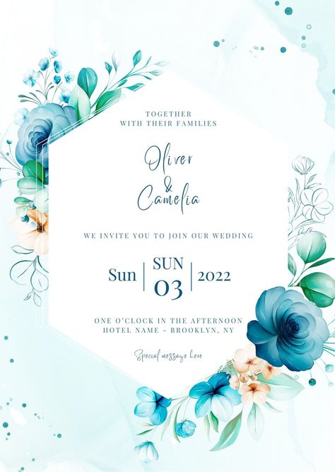 Blue wedding invitation of watercolor floral frame and abstract background Wedding Card Design Canva, Engagement Invitation Card Design Background, Canva Wedding Invitation Templates, Wedding Invitation Background Design, Marriage Card Design, Unique Wedding Card Design, Floral Wedding Invitation Background, Unique Wedding Invitation Cards, Engagement Invitation Card Design