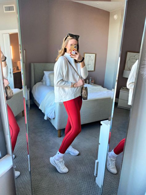 Red Legging Outfits, Red Athleisure Outfit, Bright Leggings Outfit, Red Leggings Outfit Workout, Red Athletic Outfit, Red Leggings Outfit Winter, Red Lululemon Leggings Outfit, Red Leggings Outfit Casual, Outfits With Red Leggings