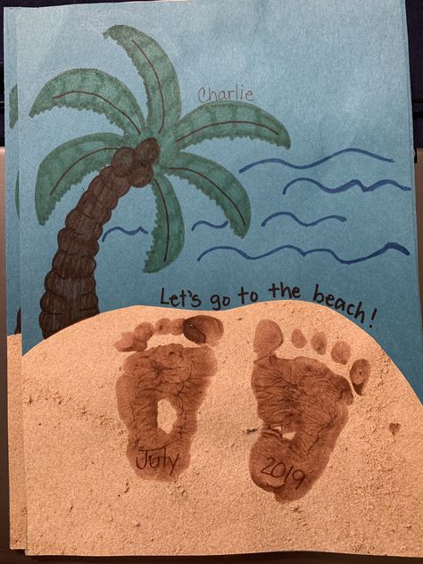 Infant Beach Art, Sand Footprint Craft, June Infant Crafts, Beach Crafts For Infants, Beach Themed Crafts For Toddlers, Ocean Infant Art, Ocean Crafts For Infants, Under The Sea Crafts For Infants, Summer Baby Crafts