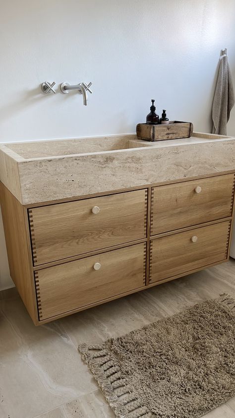 Stone Bathroom Furniture, Travertine Spa Bathroom, Limestone Bathroom Countertop, Travertine Marble Bathroom, Credenza Bathroom Vanity, Integrated Bathroom Sink, Travertine Sink Bathroom, Silver Travertine Bathroom, Natural Wood Vanity Bathroom