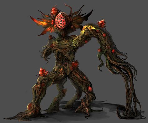 Monster, Kyung Han Kim on ArtStation at https://www.artstation.com/artwork/YE0WX Root Monster, Plant Creature, Plant Creatures, Plant Monsters, Monster Plant, Tree Monster, Plant Monster, Monster Artwork, Creepy Monster