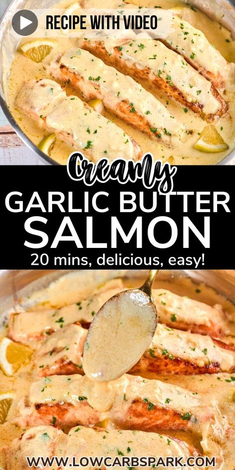 This 20-minute one-skillet salmon with creamy garlic sauce is quick to make with minimal effort. Enjoy perfectly pan-seared salmon complemented by a rich, garlicky cream sauce. It's the ultimate treat for any occasion! Creamy Salmon Recipes Baked, Garlic Cream Sauce For Salmon, Salmon Recipes Cream Sauce, Easy Salmon Meals, Creamed Salmon Recipes, Recipes Using Salmon, Creamy Garlic Butter Salmon, Salmon With Sauce Recipes, Best Salmon Recipes Pan Seared