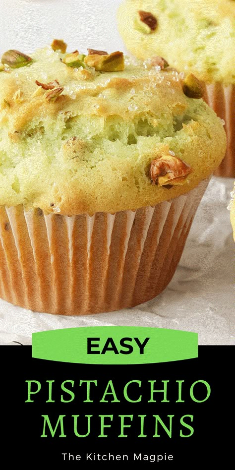 Pistachio Muffins - The Kitchen Magpie Cake Mix Pistachio Muffins, Zucchini Pistachio Muffins, Easy Pistachio Muffins, Pistachio Walnut Muffins, Pistachio Muffins Recipe Cake Mixes, Baking With Pistachios, Pistachio Pudding Muffins, Gluten Free Pistachio Muffins, Bakery Style Pistachio Muffins