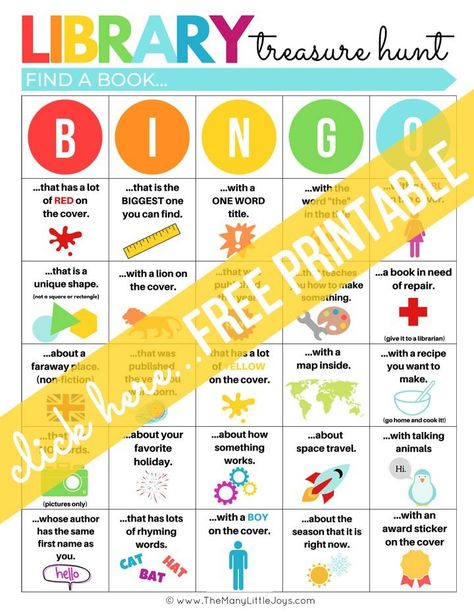 Library scavenger hunt for kids Part 2: BINGO version - The Many Little Joys Library Bingo Free Printable, Library Treasure Hunt, Library Bingo, Fun Library Activities, Library Scavenger Hunt, Passive Programming Library, Last Bell, Book Bingo, Fall Scavenger Hunt