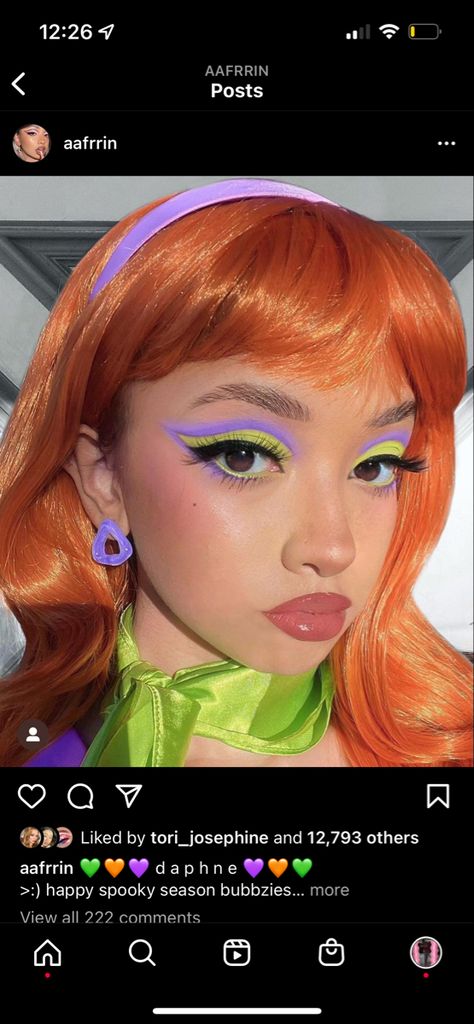 Daphne Blake Costume Ideas, Dafne Costume Ideas, Daphne Diy Costume, Halloween Costumes Women Ginger, Daphne Scooby Doo Makeup, Daphne Makeup Scooby Doo, Halloween Costumes With Orange Hair, Daphne Blake Makeup, Red Head Characters Costumes