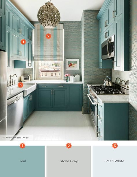 Kitchen Color Themes Colour Palettes, Kitchen Design Turquoise, Contemporary Kitchen Colors, Kitchen Accent Colors Ideas, Teal And White Kitchen, Bright Kitchen Colors, Turquoise Kitchen Cabinets, Teal Kitchen Cabinets, Kitchen Cabinet Color Schemes