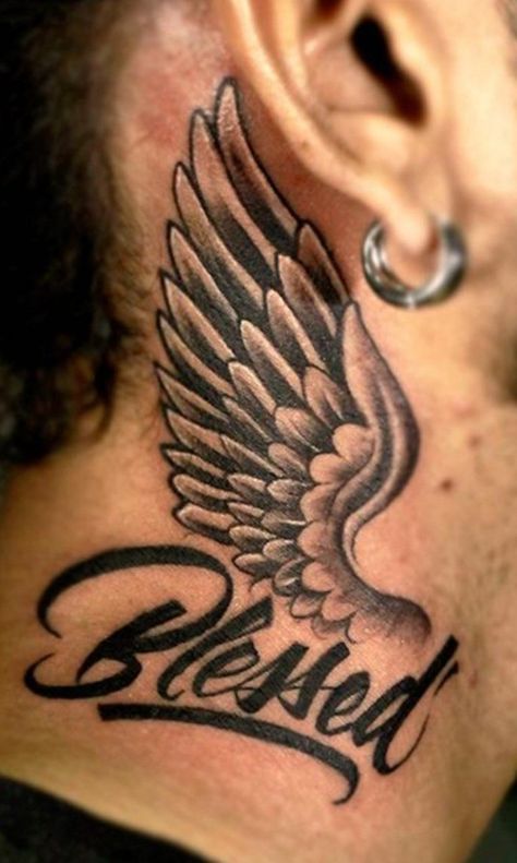 Wings Neck Tattoo Men, Cool Face Tattoos, Wing Neck Tattoo, Wave Tattoos, Front Neck Tattoo, Alas Tattoo, Best Neck Tattoos, Twin Tattoos, Side Neck Tattoo