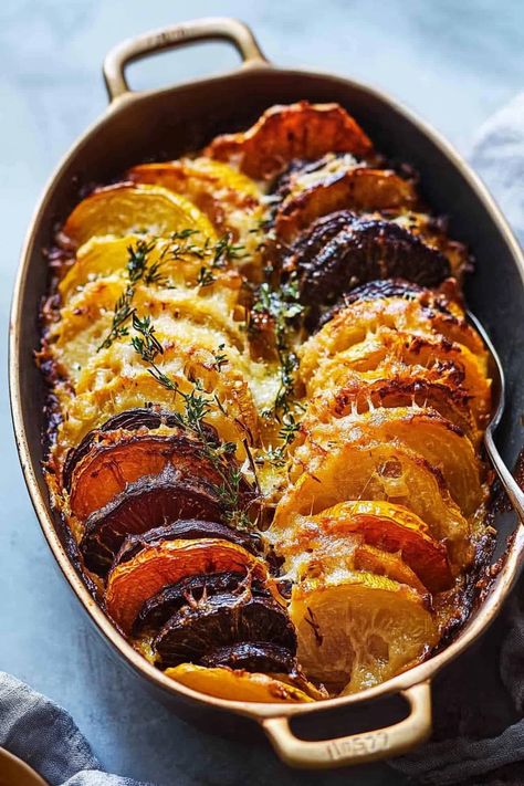 Cheesy Root Vegetable Gratin Root Vegetable Au Gratin, Root Vegetable Soup Recipes, Healthy Gratin, Sliced Sweet Potatoes, Root Vegetable Gratin, Vegetable Gratin, Root Vegetable, Make Ahead Meals, Creamy Cheese