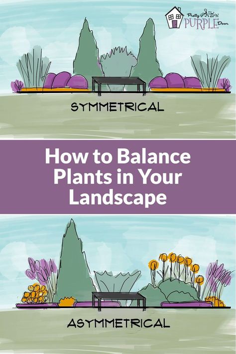 Do you have a front yard landscape that's not equal on both sides of your door? In order to create a balanced layout you'll need to understand how to balance the plants in an asymmetrical garden design. This article will give you easy tips and tricks for balancing plants so you can have a landscape that's uniquely you! Balanced Landscape Design, How To Design Front Yard Landscape, Small Front Yard Design Layout, Boho Landscape Front Yard, How To Arrange Plants In Landscape, Mass Plantings Landscape Design, Landscape Design Basics, Deep Front Yard Landscaping, Garden Design Layout Front Of House