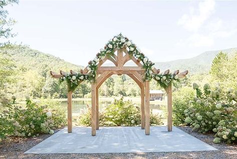 Wedding pergola in north Georgia Pergola Wedding Decorations, Timber Frame Pergola Plans, Outdoor Wedding Gazebo, Wedding Chapel Ideas, Timber Frame Pergola, Outdoor Chapel, Build A Pergola, Wedding Pergola, Wedding Gazebo