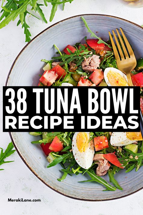 38 Easy and Filling Tuna Bowl Recipes | If you're looking for healthy make ahead dinners and/or packable lunches that leave you feeling full and satisfied, tuna bowls (aka poke bowls) are the perfect option! There are endless ways to make a tuna bowl to suit your palate and dietary needs - canned tuna, seared ahi tuna, and cooked tuna all work! We're sharing meal prep tips and we've curated the best recipes to try -- the spicy tuna bowl is my fav! Tuna Plate Ideas, Tuna Power Bowl, Canned Tuna Bowl Recipe, Tuna Bowl Healthy, Seared Ahi Tuna Poke Bowl, Tuna Protein Bowl, Tuna Bowls Recipe, Tuna Bowl Canned, Healthy Make Ahead Dinners