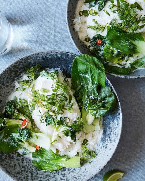 NYT Cooking on Instagram: “Easier than it looks (the best kind of recipe!): Sauté shallot, garlic, ginger, and a sliced chile. Add coconut milk, fish sauce, and brown…” Poached Cod, Milk Fish, Poached Fish, Coconut Fish, Napa Cabbage, Nyt Cooking, Jasmine Rice, Just Cooking, Fish Sauce