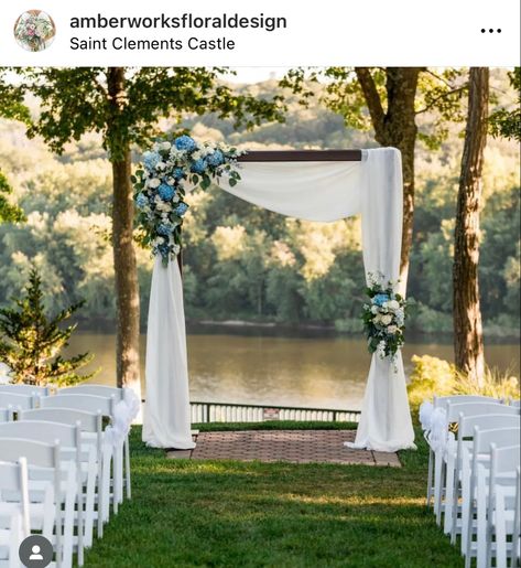 Dusty Blue Wedding Arbor, Dusty Blue Arch Wedding, Dusty Blue And Sage Green Wedding Arch, Dusty Blue Wedding Arch Ideas, Wedding Arch With Hydrangeas, Wedding Flowers With Lots Of Greenery, Blue And White Arbor Flowers, Blue Hydrangea Arch Wedding, Blue Floral Arch Wedding