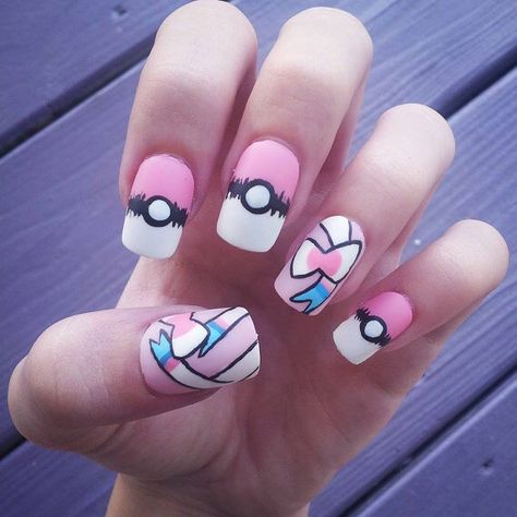 Pink Pokemon Nails, Eevee Nails, Pink Pokeball, Pokeball Nails, Pokemon Nail Art, Pikachu Nails, Pokemon Nails, Pokemon Sylveon, Anime Nails