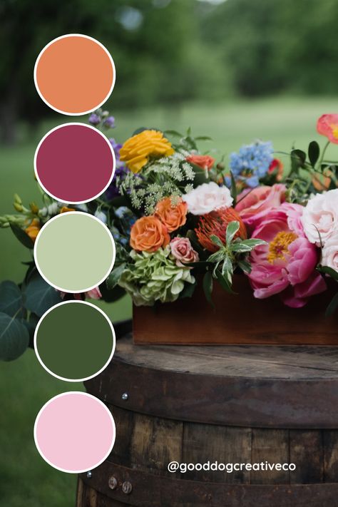 Summer is here and so are a beautifull array of florals in every size, texture and color.  I am loving this color palette, oozing in soft green, perky peach and fresh raspberry. Perfect for a spa owner, job coach, nutritionist or yoga instructor. Peach Purple Green Color Palette, Greenhouse Wedding Color Palette, Green And Peach Color Palette, Garden Party Color Palette, Green Wedding Palette, Peach Color Palettes, Color Branding, Summer Color Palettes, Spa Owner