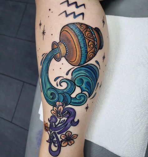 #aquarius #wassermann #aquariustattoo #starsigns Aquarius Traditional Tattoo, Traditional Aquarius Tattoo, Aquarius Tattoo, Single Needle Tattoo, Color Tattoo, Star Signs, Traditional Tattoo, Tattoos And Piercings, Watercolor Tattoo