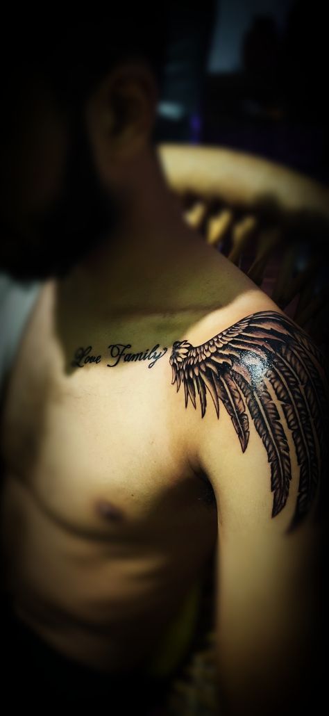 Ek Raat ,love family ,wing ,feather tattoo design Shoulder Feather Tattoo, Feather Tattoo Design, Wing Tattoo, Tattoo Desings, Feather Tattoo, Feather Wings, Wings Tattoo, Love Family, Thigh Tattoo