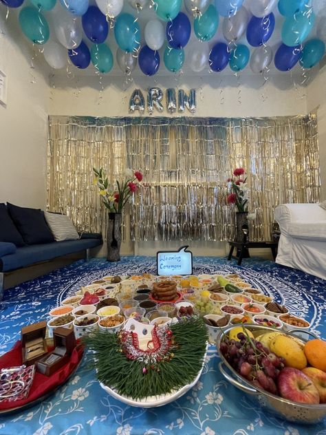 Decorated with ballon, backdrops, 84 eating items and many more for my baby Arin Weaning Ceremony Decoration Ideas, Rice Weaning Ceremony Decoration, Weaning Ceremony, Rice Ceremony, Indian Baby, Newborn Baby Photoshoot, Baby Weaning, Weaning, Ceremony Decorations